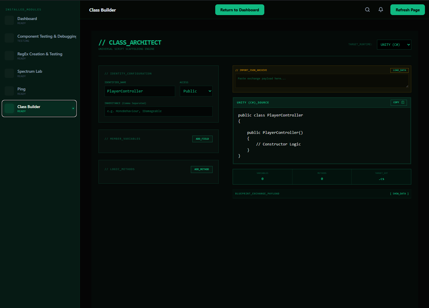 Dynamic Class Generation Tool UI